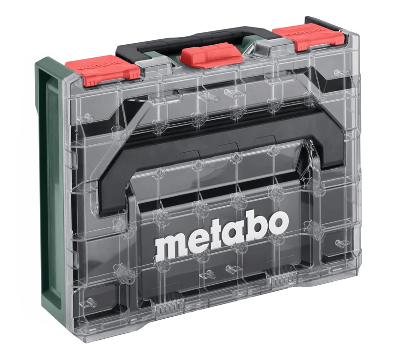 metabo metaBOX 100 S Organiser - 7.2 L Suitcase Volume - Robust Assortment Case with 15 Insert Boxes, Transparent Lid, Stackable, IP43 Protection, Small Parts and Accessories Storage