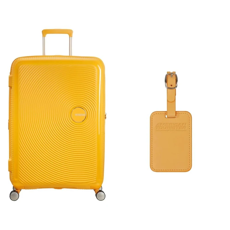 American Tourister Soundbox Hard Shell Suitcase 77 cm Large Yellow with Luggage Tags, Papaya pop
