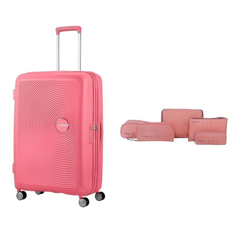 American tourister Soundbox hard shell suitcase 77 cm large pink with packing cube set 5 pieces, purple/pink