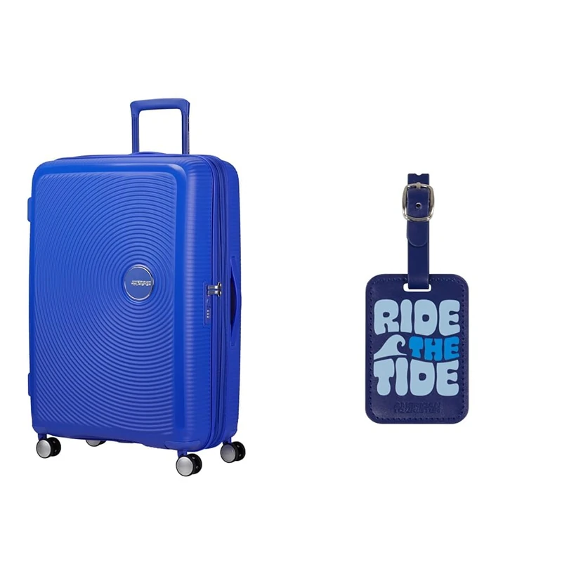 American tourister Soundbox Hard Shell Suitcase 77 cm Large Blue with Luggage Tags, Ride the Tide
