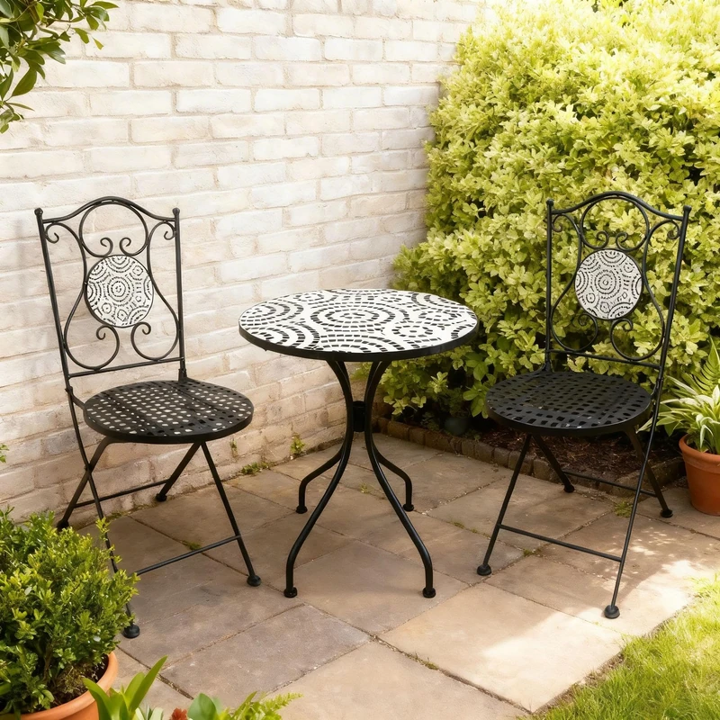 Home Source Carlton Bistro Set 3 Piece – Black & White Mosaic Aluminium, Folding Chairs - 60W x 60D x 71H cm Table - 2 Seater Garden Set