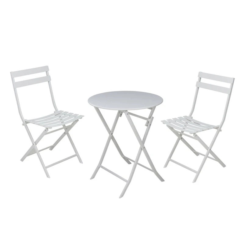 Outdoor Garden Patio Table and Chairs Set, Folding: 3-Piece Folding Bistro Set (Table Ø60cm + 2 Chairs) in Steel and Matte White, Compact for Balcony - Image 1