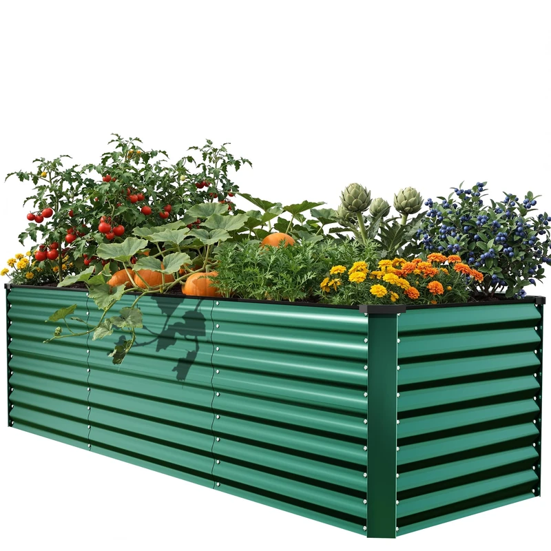 DWVO Galvanised Steel Sheet Bed, Outdoor Planter with Safety Edge for the Garden with Support Bar, Gloves for Vegetables (Green, 240 x 90 x 70 cm)