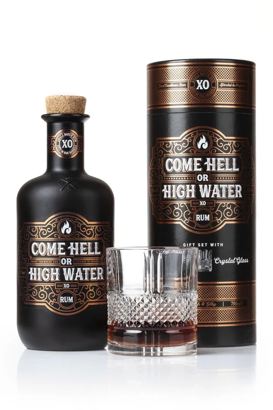 Come Hell or High Water XO Dark Rum Gift Set with Italian Crystal Glass 70cl, Aged Up to 15 Years, Caribbean Rum Blend with Tropical Fruit, Brown Sugar and Oak Notes, Smooth Sipping Rum for Gifting
