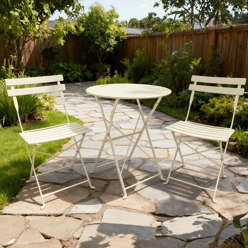 Home Source Clifton Bistro Set 3 Piece – Cream Aluminium, Folding Chairs - 60W x 60D x 70H cm Table - 2 Seater Garden Furniture Set