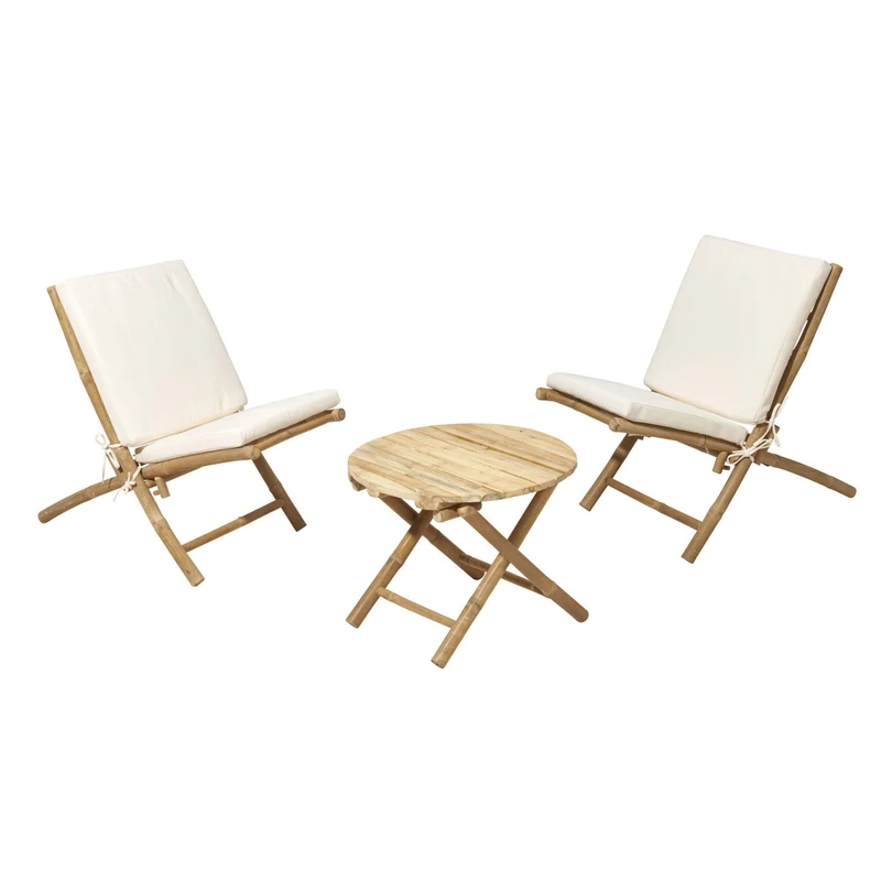 Outdoor Garden Patio Table and Chairs Set, Folding: Bistro Set 3 Pieces Natural Bamboo 2 Armless Chairs with Cushions 5 cm + Table Ø45 cm, Off White - Image 1