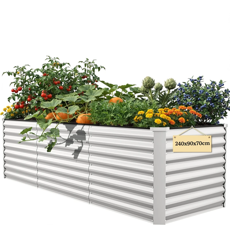DWVO Galvanised Steel Sheet Bed, Outdoor Planter, with Safety Edge for the Garden, with Support Bar, Gloves for Vegetables (Silver, 240 x 90 x 70 cm)