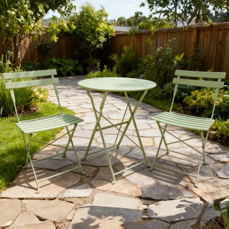 Home Source Clifton Bistro Set 3 Piece – Sage Green Aluminium, Folding Chairs - 60W x 60D x 70H cm Table - 2 Seater Garden Furniture Set
