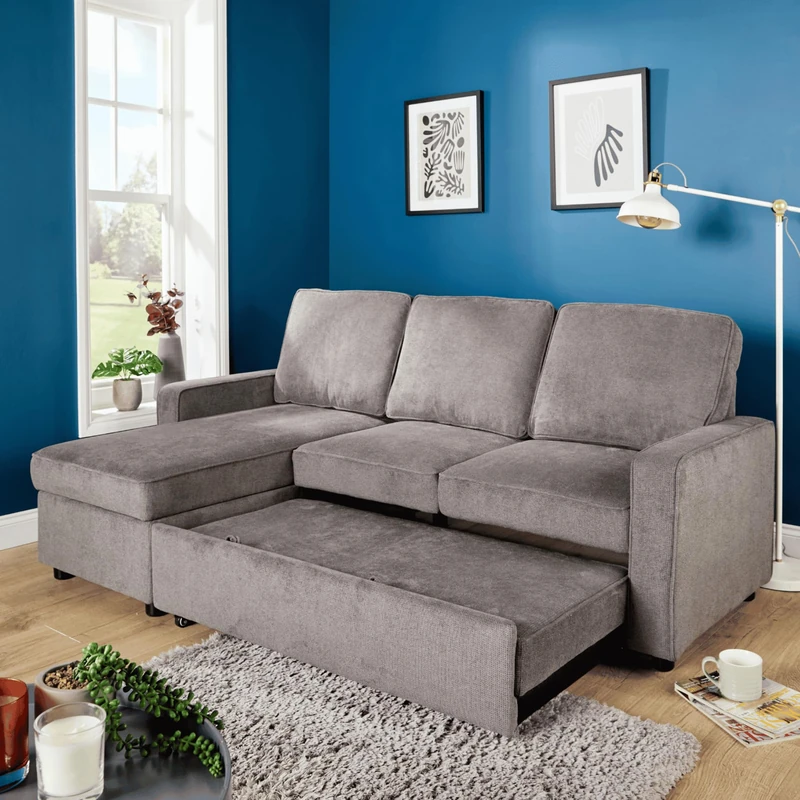 Home Source Kingston Corner Sofa Bed – Grey Polyester, Reversible Chaise, Pull Out Bed - 207W x 138D x 91H cm - Double Sofa Bed with Storage