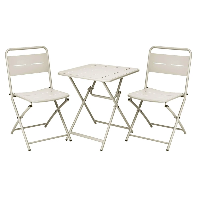 Outdoor Garden Patio Table and Chairs Set, Folding: Set of 3 Bistro Set Beige Matte Steel (Table 60 x 60 cm + 2 Folding Chairs) Powder Coated Structure - Garden, Terrace and Balcony Set - Image 1