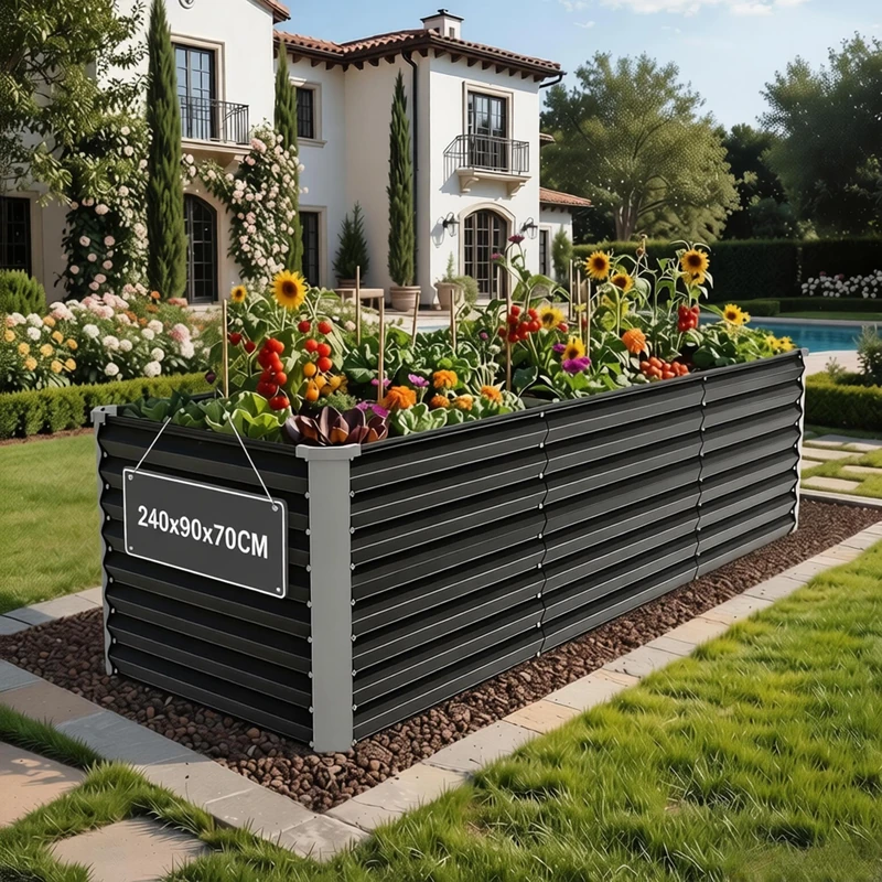 DWVO Raised Beds for Garden,1512L Raised bed Metal,0.35mm Galvanised Steel galvanised planter with Safety Edging&4pcs Support Rod for Garden Vegetables Fruit(Black 240X90X70CM)