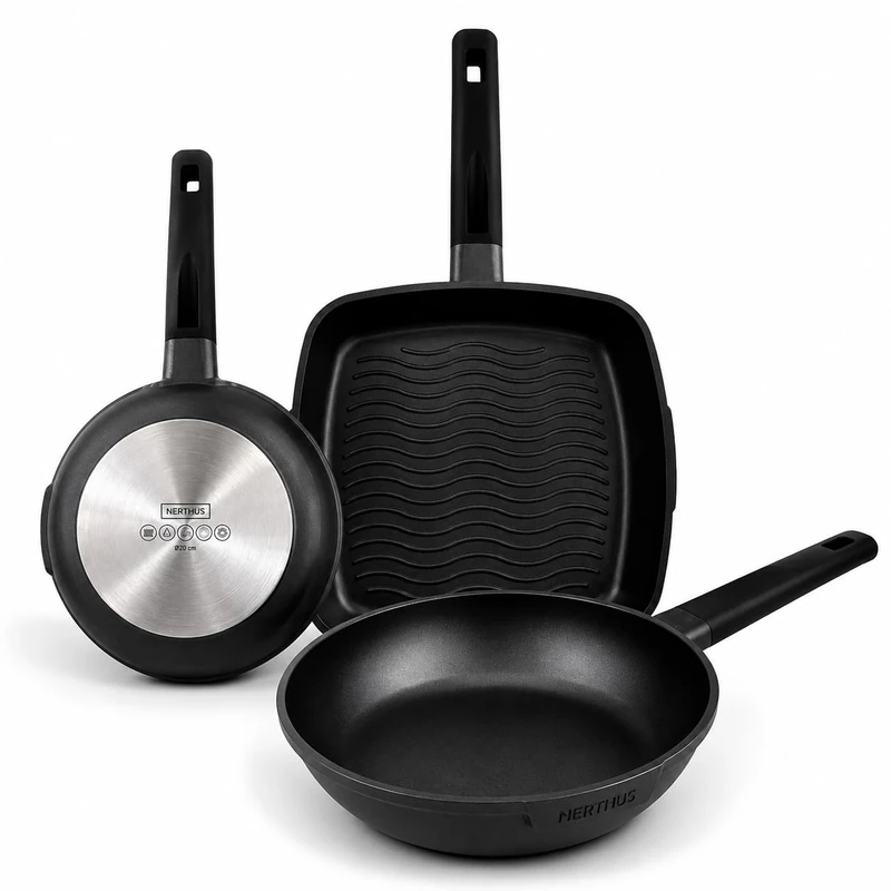 Nerthus FIH 1682 Frying Pans Cast Aluminium Diameter 20–24 cm + Grill Pan Nonstick Quantanium Suitable for Induction Gas and Ceramic Hob - Image 1