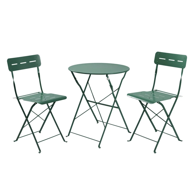 Outdoor Garden Patio Table and Chairs Set, Folding: 3 Piece Folding Bistro Set (Table Ø60cm + 2 Chairs) in Steel and Green, Compact for Balcony - Image 1