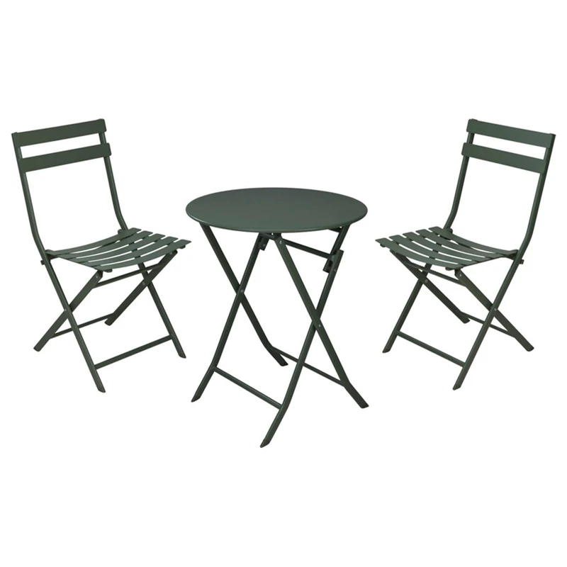 Outdoor Garden Patio Table and Chairs Set, Folding: 3-Piece Folding Bistro Set (Table Ø60cm + 2 Chairs) in Steel and Matte Green, Compact for Balcony - Image 1
