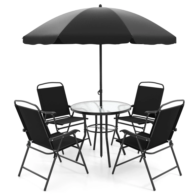 GiantexUK 6 Pieces Patio Dining Table Set, Round Glass Table & 4 Folding Chairs with Umbrella for 4 People, Outdoor Bistro Furniture for Backyard Deck Garden Poolside