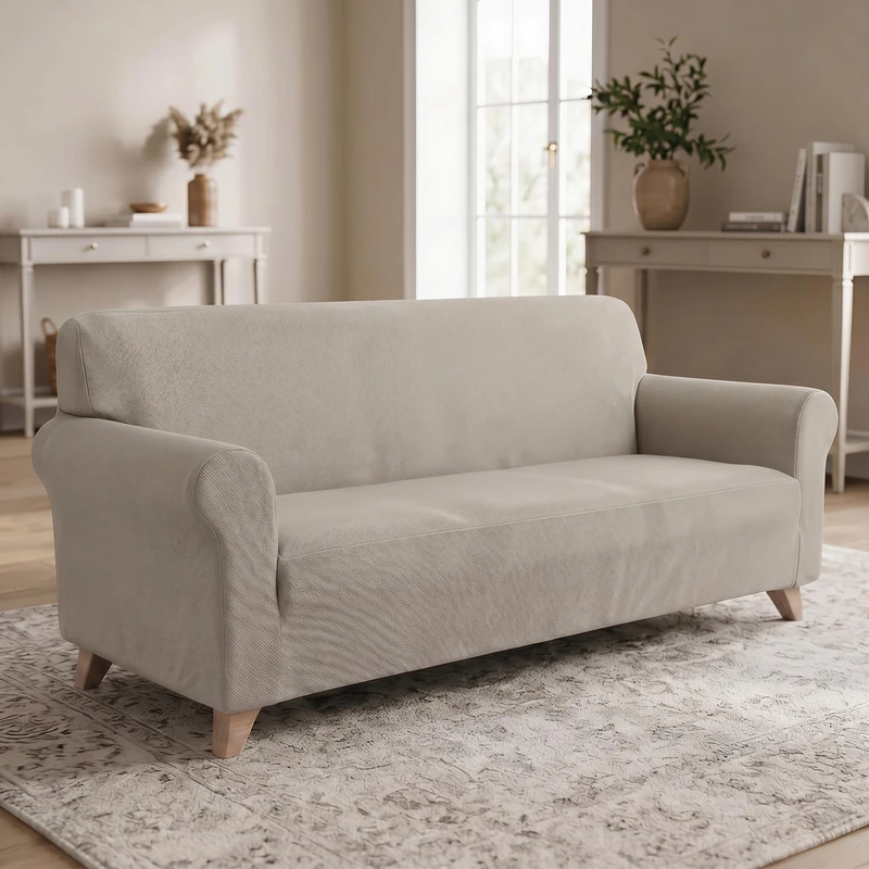 Dahlia Elastic Sofa Cover - Stretch Sofa Protector 190-260cm, 3 Seater, Extendable Cover - Taupe