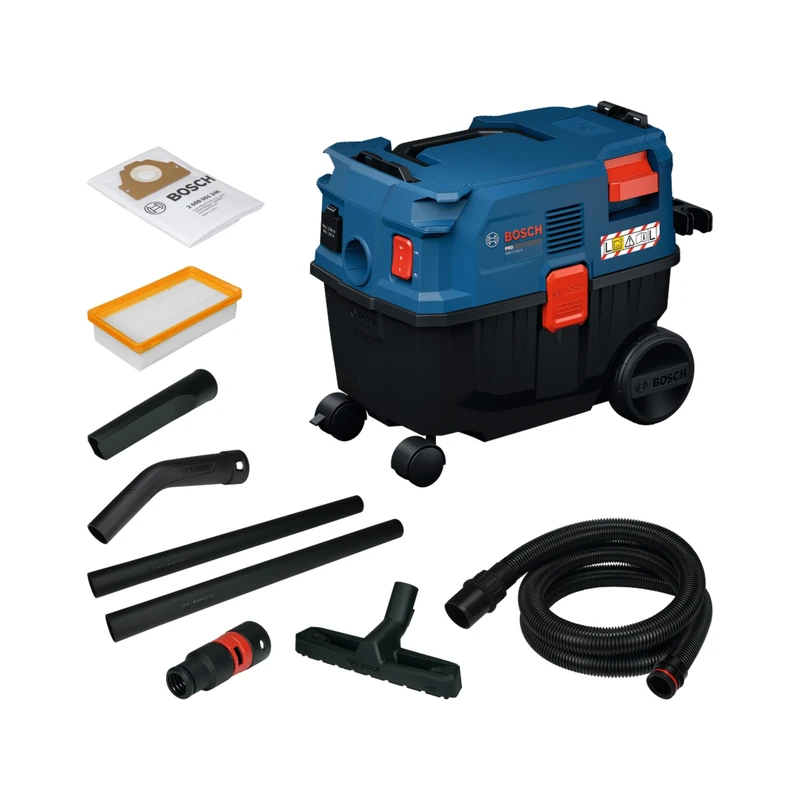 Bosch PRO Corded Wet/Dry Extractor GAS12-25LS (extension plastic pipes, flat-pleated filter, 3.1 m suction hose, curved nozzle, floor nozzle, crevice nozzle, fleece bag, universal adapter, carton box)