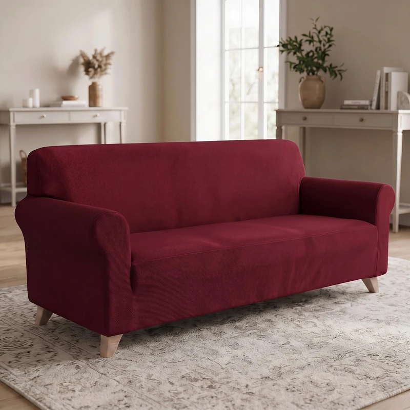 Dahlia Elastic Sofa Cover - Stretch Sofa Protector 190-260 cm, 3 Seater, Extendable Cover - Burgundy