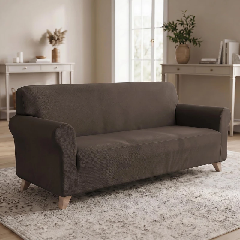 Dahlia Elastic Sofa Cover - Stretch Sofa Protector 190-260cm, 3 Seater, Extendable Cover - Brown