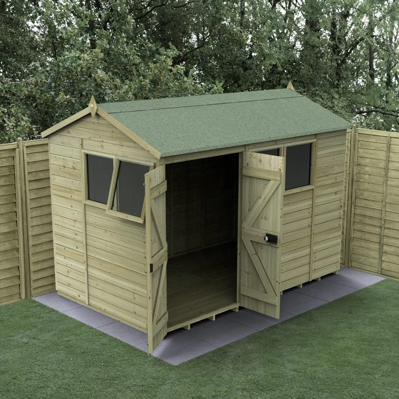Forest Garden 10x6 Reverse Apex Wooden Shed|Double Door|4 Window|1 Opening |Timberdale Outdoor Storage with Floor| 25 Yr Anti-Rot Protection