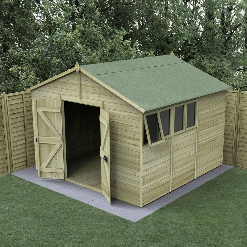 Forest Garden 10x10 Wooden Apex Shed|Double Door|4 Windows|1 Opening |Timberdale Outdoor Storage with Floor| 25 Yr Anti-Rot Protection - Image 1