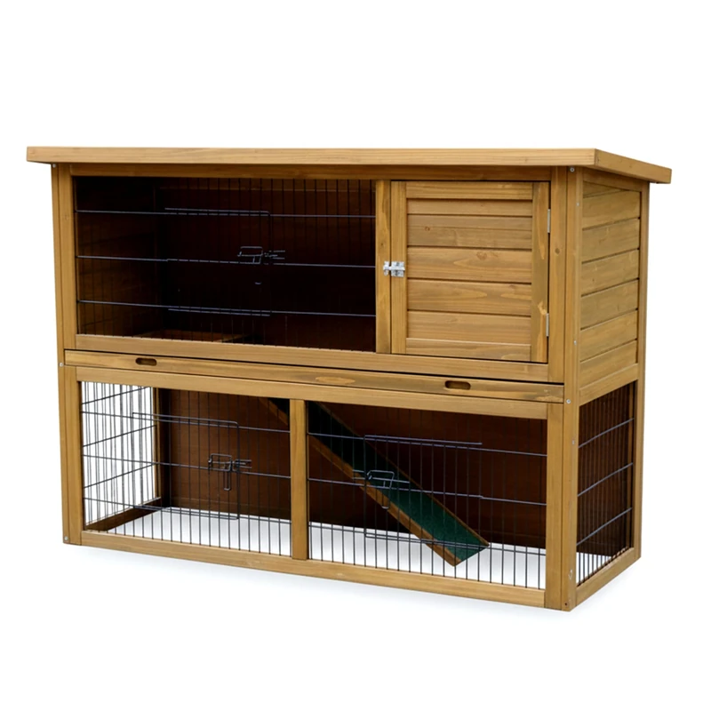 Outdoor Rabbit Hutch | 2-Tier Pent Roof Guinea Pig Cage | Wooden Small Animal Home | Large – 136 x 50 x 92 cm