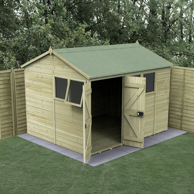 Forest Garden 10x8 Reverse Apex Wooden Shed|Double Door|4 Window|1 Opening |Timberdale Outdoor Storage with Floor| 25 Yr Anti-Rot Protection