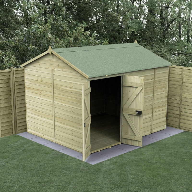 Forest Garden 10x8 Reverse Apex Wooden Shed|Double Door|No Windows|Timberdale Outdoor Storage with Floor| 25 Yr Anti-Rot Protection