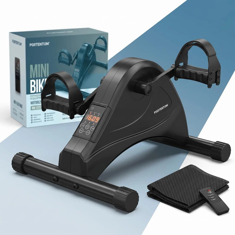 PORTENTUM Pedal exerciser for elderly electric motorised – 12 speeds and remote control – Compact arm and leg trainer with anti-slip mat and LCD screen – Portable mini exercise bike for home use