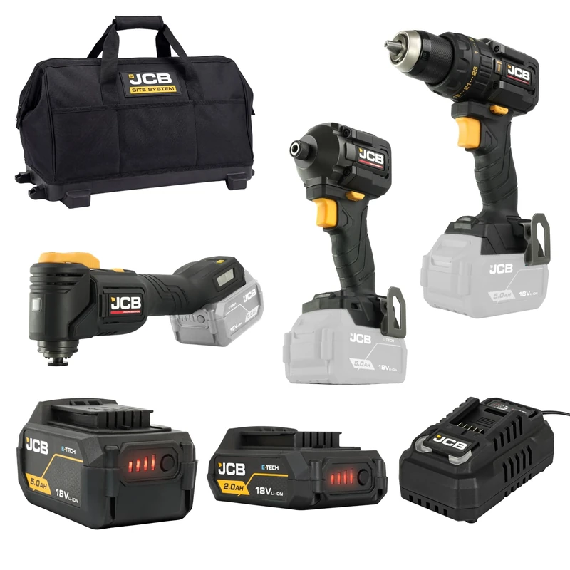 JCB 18V 3-Piece Pro Power Tool Kit, Brushless Combi Drill 75Nm, Impact Driver 230Nm, Multi Tool, 2Ah & 5Ah Batteries, Fast Charger, Tool Bag, 3 Year Warranty - Image 1