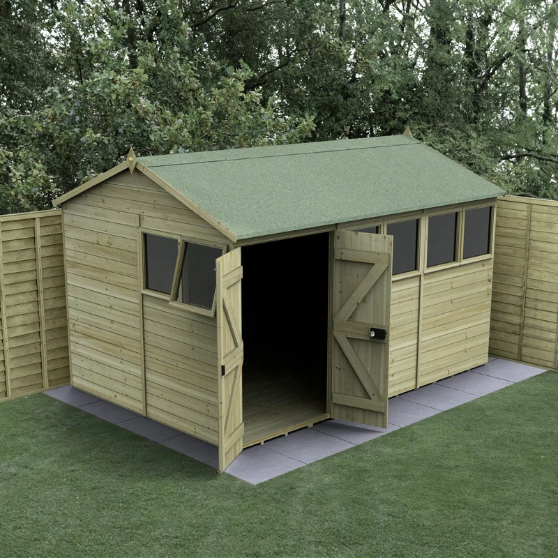 Forest Garden 12x8 Reverse Apex Wooden Shed|Double Door|6 Window|1 Opening |Timberdale Outdoor Storage with Floor| 25 Yr Anti-Rot Protection
