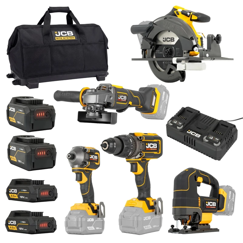 JCB 18V 5-Piece Pro Power Tool Kit, Brushless Drill 160Nm, Impact Driver 230Nm, Saw, Grinder, Jigsaw, Batteries & Charger, 3 Year Warranty