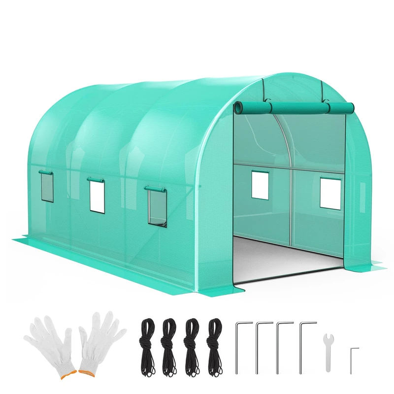 Garvee Garden Greenhouse Tunnel 2.44 x 3.95 x 2.13 m, Vegetable Garden Greenhouse with 2 Doors with Hinged and 6 Windows, Reinforced PE Tarpaulin 140 g/m² and Galvanised Steel Structure, Green