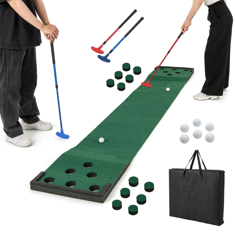 GYMAX Golf Pong Game Set, Portable Putting Green Mat with 2 Adjustable Putters, 6 Balls, Carrying Bag, Golf Putting Mat for Party, Practice, Home, Backyard (Dark Green)