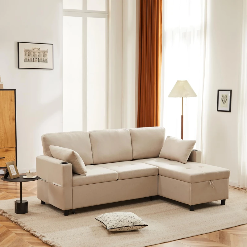 Ball & Cast L Shaped Sofa with Reversible Chaise, 3 Seater Corner Sofa with Storage Ottoman, USB Charging & Cup Holder, Sectional Sofa with Washable Covers, Linen Fabric Sofa for Living Room (Beige)