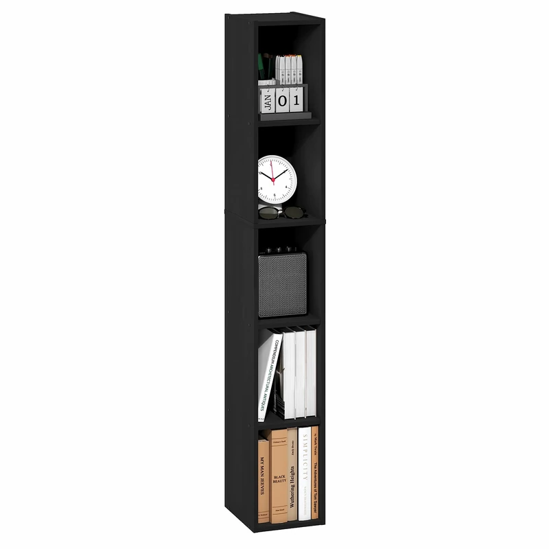 Furinno FULDA 5-Tier Tall Narrow Bookshelf, Standing Bookcase with 20.3 cm Width Storage Shelf, 23.6 x 20.1 x 131.8 cm, for Organization Storage, for Living Room, Bedroom, Home Office, Blackwood - Image 1