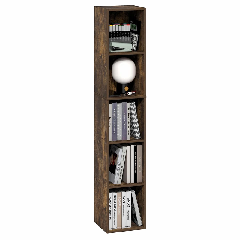 Furinno FULDA 5-Tier Tall Narrow Bookshelf, Standing Bookcase with 25.4 cm Width Storage Shelf, 23.6 x 24.9 x 131.8 cm, for Organization Storage, for Living Room, Bedroom, Home Office, Amber Pine