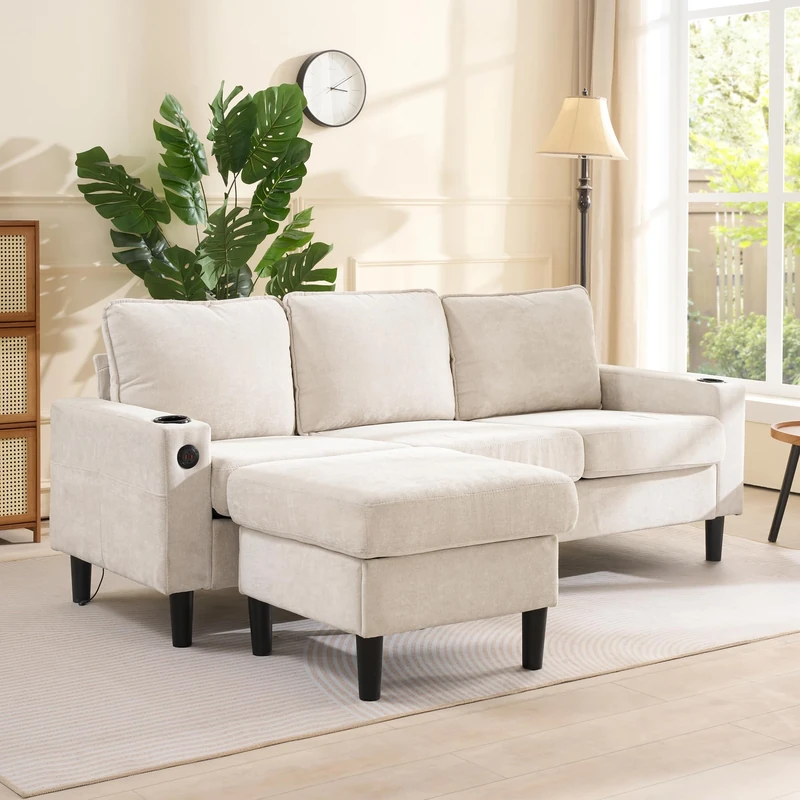 Ball & Cast L Shaped Sofa, 3 Seater Sofa with USB Charging Ports and 2 Cup Holders on Armrest, Corner Sofa for Living Room with 2 Side Pockets, Beige