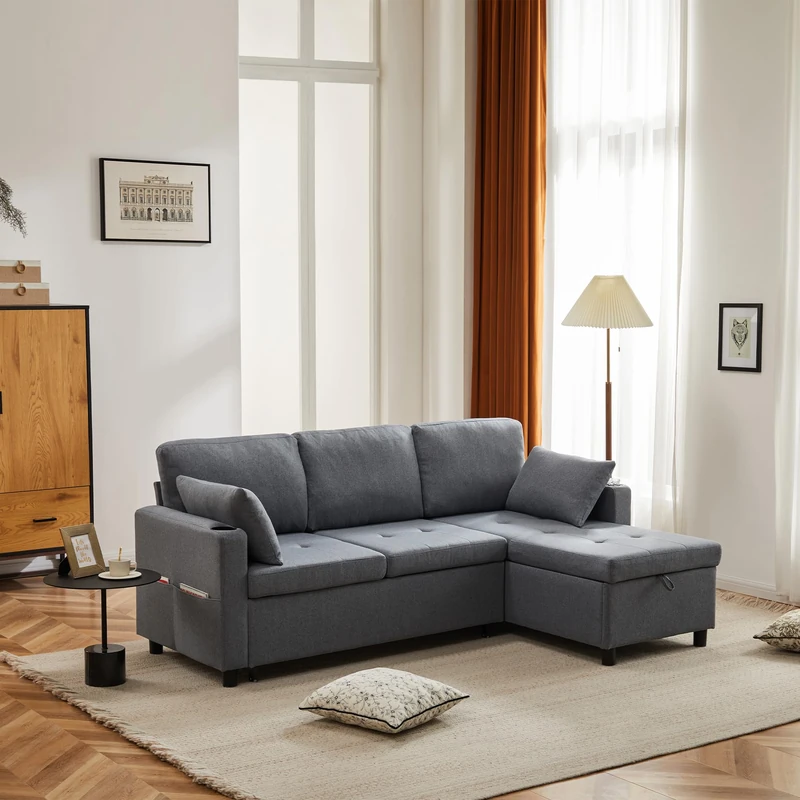 Ball & Cast L-Shaped Corner Sofa, 3 Seater Sectional Sofa Couches With USB, Cup Holders, for Apartment Living Room（Grey）