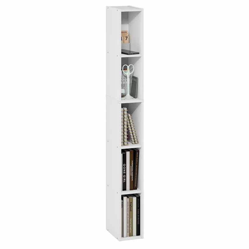 Furinno FULDA 5-Tier Tall Narrow Bookshelf, Standing Bookcase with 15.2 cm Width Storage Shelf, 23.6 x 15.0 x 131.8 cm, for Organization Storage, for Living Room, Bedroom, Home Office, White