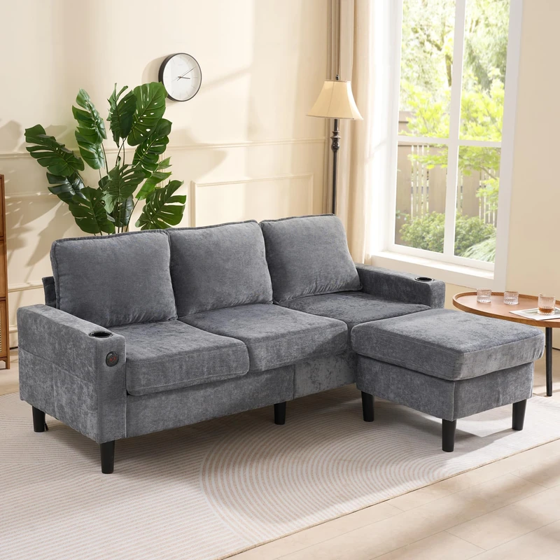 Ball & Cast Grey Corner Sofa, 3 Seater L Shape with USB Charging Station and Cup Holder, Movable Footrest, Modern Style, 202x137x80cm