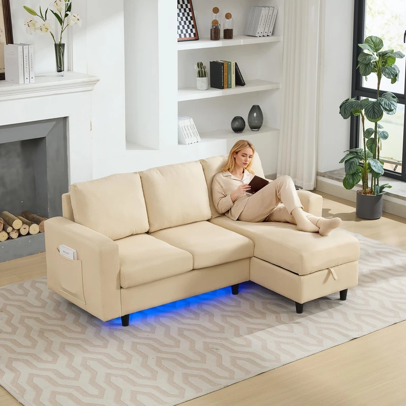 Ball & Cast L-Shaped Sofa Bed with Storage, 3 Seater Sofa Couch with USB & LED, Convertible Settee Sectional Sofa for Apartment Living Room, Office, Beige, 180 * 120 * 72cm