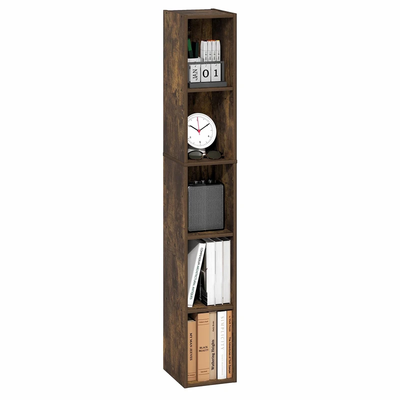 Furinno FULDA 5-Tier Tall Narrow Bookshelf, Standing Bookcase with 20.3 cm Width Storage Shelf, 23.6 x 20.1 x 131.8 cm, for Organization Storage, for Living Room, Bedroom, Home Office, Amber Pine