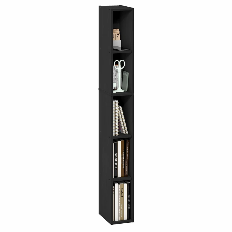 Furinno FULDA 5-Tier Tall Narrow Bookshelf, Standing Bookcase with 15.2 cm Width Storage Shelf, 23.6 x 15.0 x 131.8 cm, for Organization Storage, for Living Room, Bedroom, Home Office, Blackwood