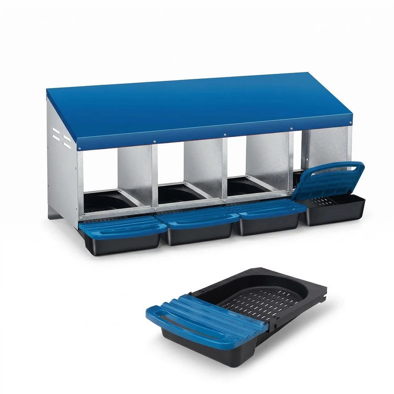 Garvee 4-Compartment Galvanized Steel Laying Hens Nest, Roll-away Design for Clean and Whole Egg Collection, with Removable Tray and Plastic Anti-Cut Handles, 78 x 51 x 51 cm, Blue
