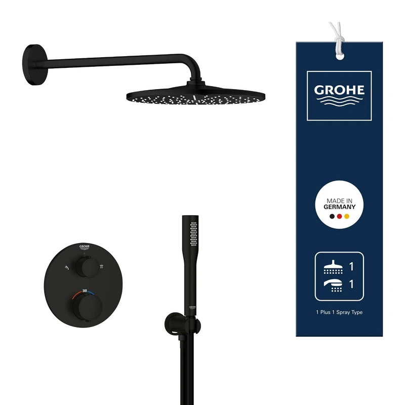 GROHE Precision Round - Concealed Shower System with 2 Outlets Thermostat (31 cm Round Head Shower Mono Rain Spray, Stick Hand Shower 1 Spray, Shower Hose 1.5 m, Circular Trim), Matt Black, 348802430