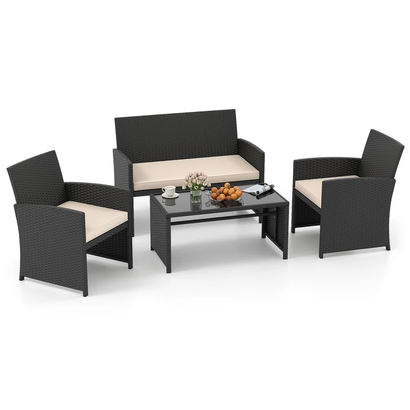 RELAX4LIFE 4PCS Rattan Garden Furniture Set, Conversation Set with Coffee Table and Removable Cushions, Wicker Sofa Chair and Table Set (Black+off White, Loveseat: 107 x 63 x 78cm (L x W x H))