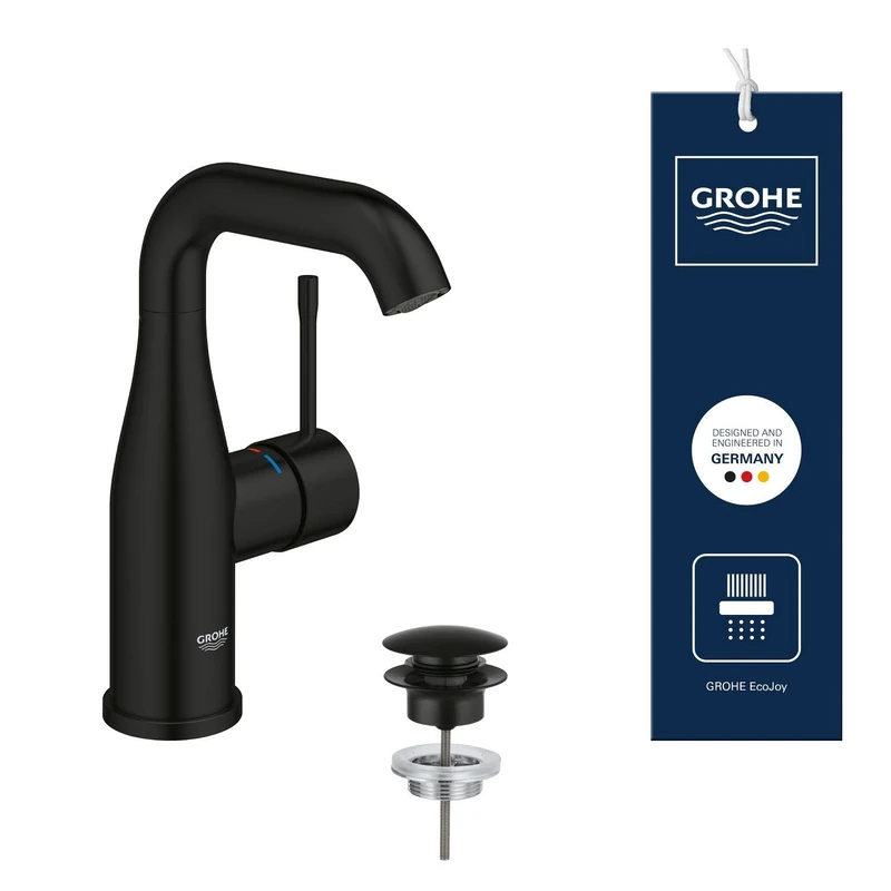 GROHE Essence Smooth Body Basin Mixer Tap with Waste Push-Open Plug Set (M-Size, Metal Lever, 28mm Ceramic Cartridge, Water Saving, Swivel Spout, 3/8 Inch Tails, Min. 1 Bar), Matt Black, 237982431 - Image 1