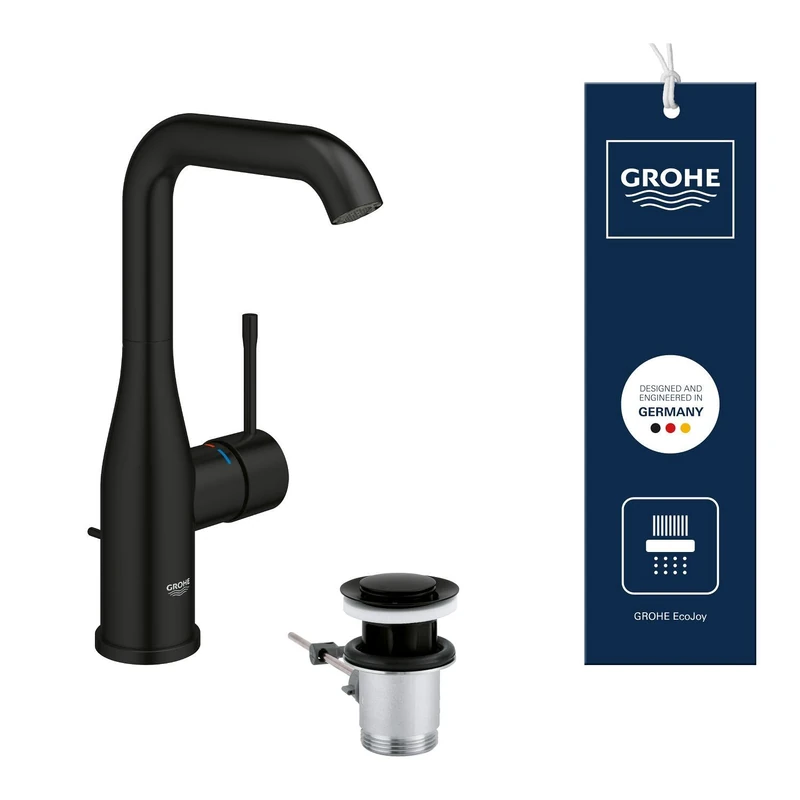 GROHE Essence Basin Mixer Tap with Pop-Up Waste Set (L-Size 244 mm, Curved High Adjustable Swivel Spout, Metal Lever, 28 mm Ceramic Cartridge, 3/8 Inch Tails), Matt Black, 326282431
