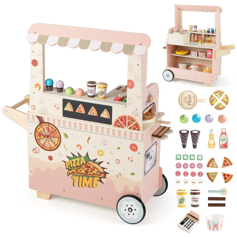 GYMAX Wooden Pizza Food Cart, Kids Grocery Store with 2 Wheels and 43 Pcs Accessories, Pretend Play Dessert Toy Shop for 3 Year Old +